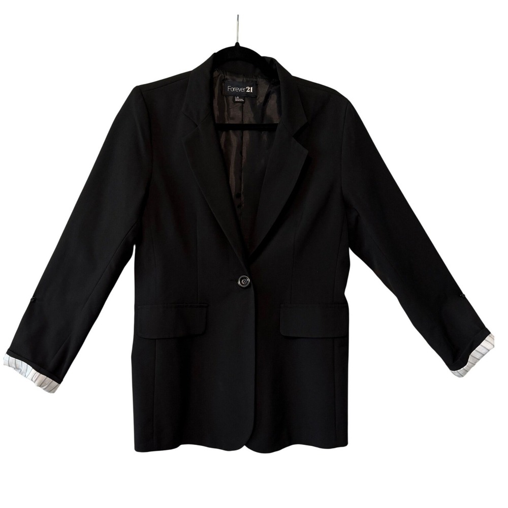Forever 21 Single Button Blazer Womens Large Black‎ Pinstripe Cuff Professional